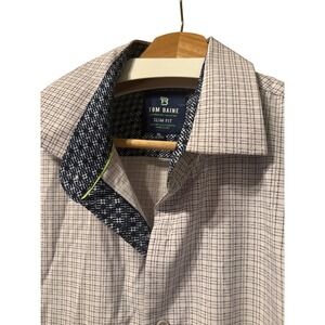 Tom Baine Men XL SlimFit Performance Shirt Navy White Grid 4Way Stretch Long Slv
